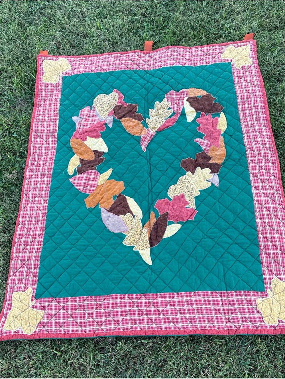 Green Heart Leaf Patchwork Quilt with Red Plaid Border handmade cottage 55x48